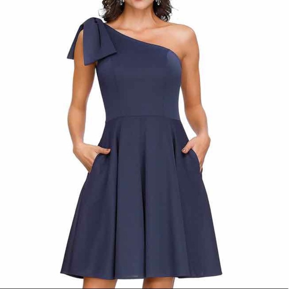 NWT JASAMBAC Bow One Shoulder Cocktail Party Dress. Color: Navy; Size: 2XL